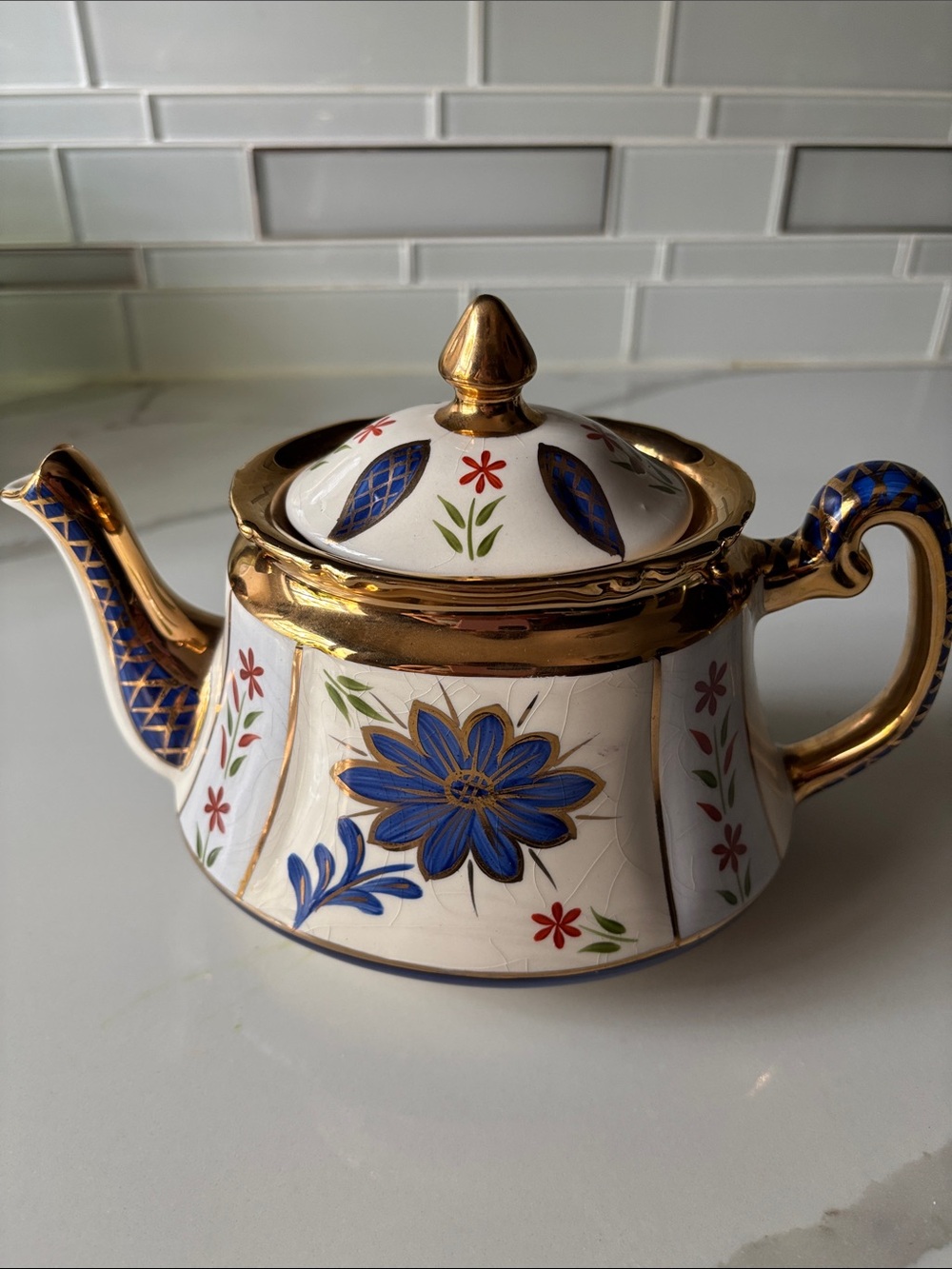 Vintage Kensington Gold-Trim Ceramic Teapot with Blue Floral Design